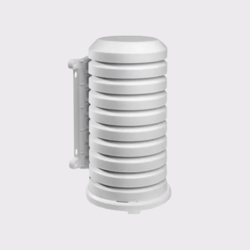 A white weather shield designed to protect electronic devices, featuring a series weather prediction meteo